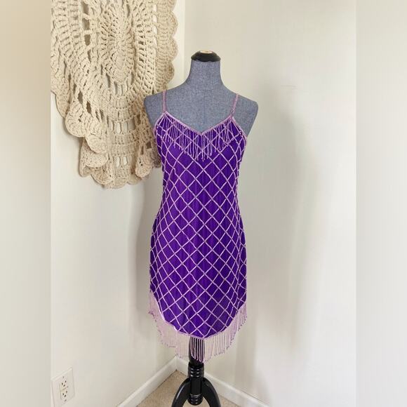 Vintage Silk Purple Scala Beaded Fringe Women's Dress Size Medium - Picture 1 of 6